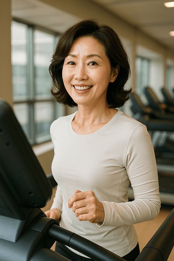 50대 여성이 생기 있는 모습으로 헬스크럽의 런닝머신을 타고 있는 이미지