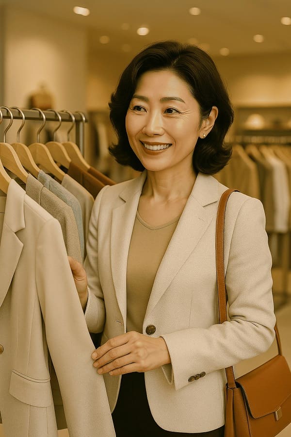 50대 여성, 생기와 품격을 갖춘 건강한 중년 미인의 모습으로 의류 쇼핑을 하는 이미지