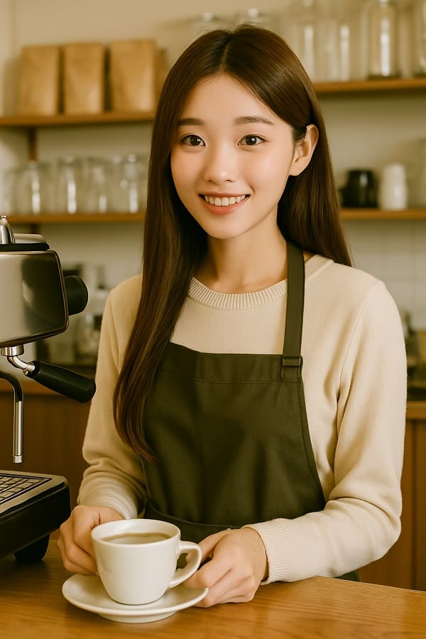 청순한 얼굴의 10대 여학생이 카페에서 알바를 하는 모습